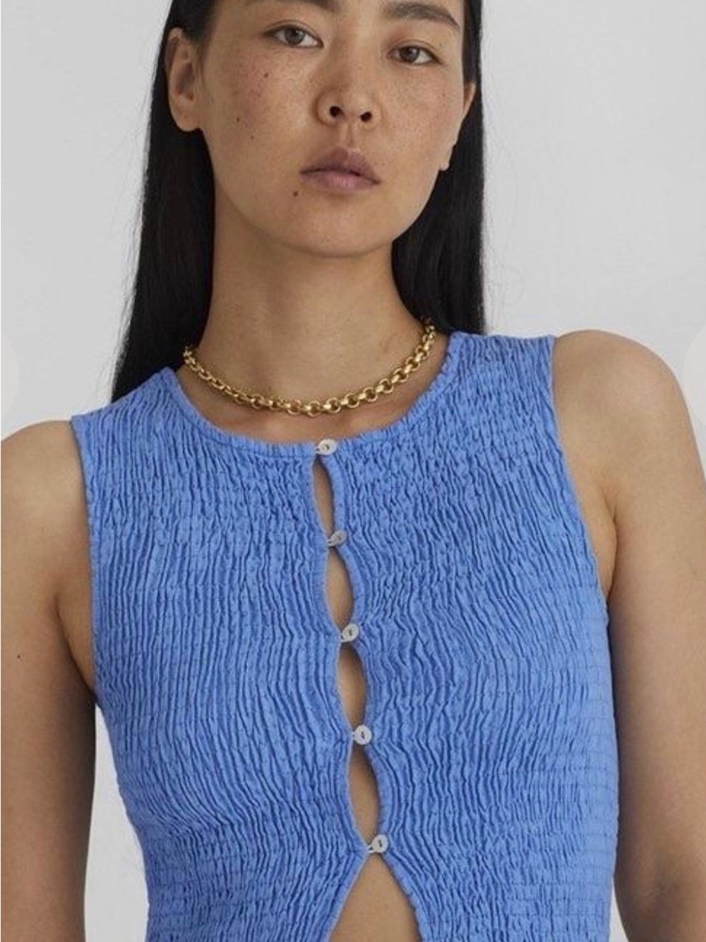 Paloma Wool- Blue Smocked Button-Front Sleeveless Top Cornflower Blue